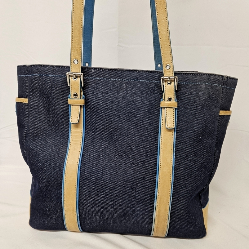 Coach Denim Hampton Large Tote Bag, Tan Blue Leather Handles - Picture 5 of 16